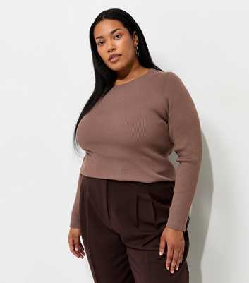 Curves Dark Mink Lightweight Ribbed Knit Crew Neck Jumper