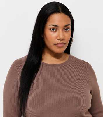 Curves Dark Mink Lightweight Ribbed Knit Crew Neck Jumper