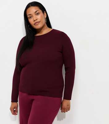 Curves Dark Burgundy Lightweight Ribbed Knit Crew Neck Jumper
