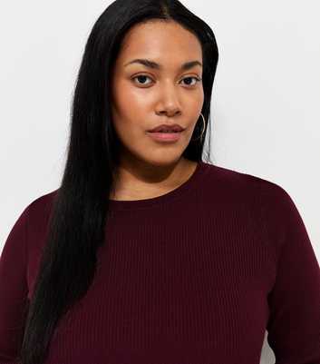 Curves Dark Burgundy Lightweight Ribbed Knit Crew Neck Jumper