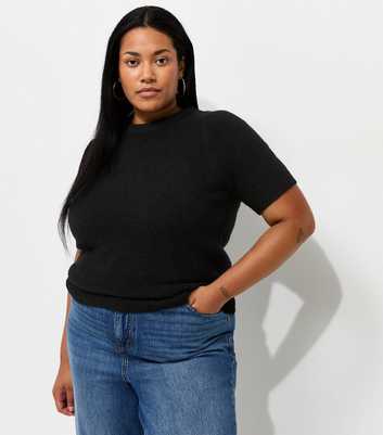 Curves Black Brushed Knit Set In Sleeve T-Shirt