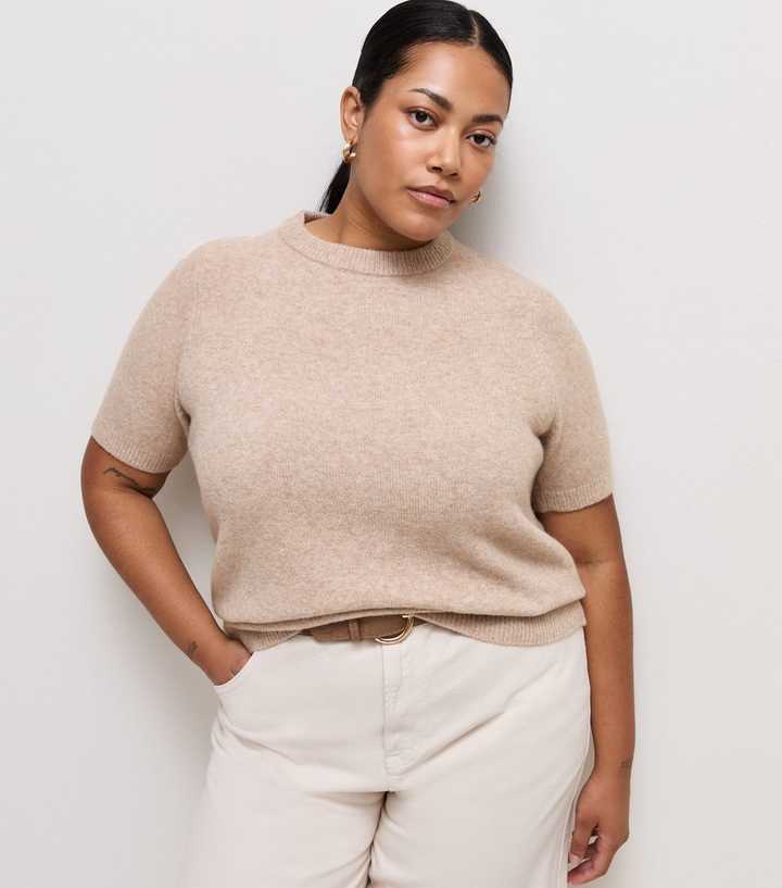 Curves Light Mink Brushed Knit Set In Sleeve T-Shirt