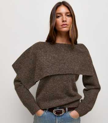 Dark Mink Asymmetric Collar Bardot Knitted Jumper