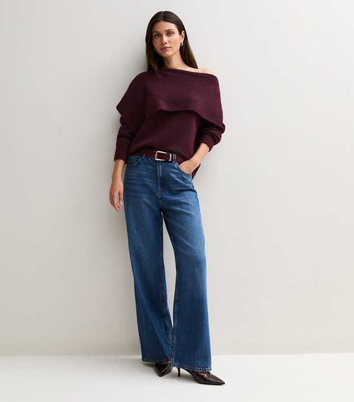 Dark Burgundy Asymmetric Collar Bardot Knitted Jumper