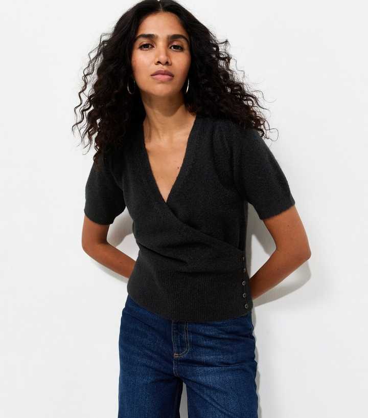 Black Wrap Front Puff Sleeve Knitted Top