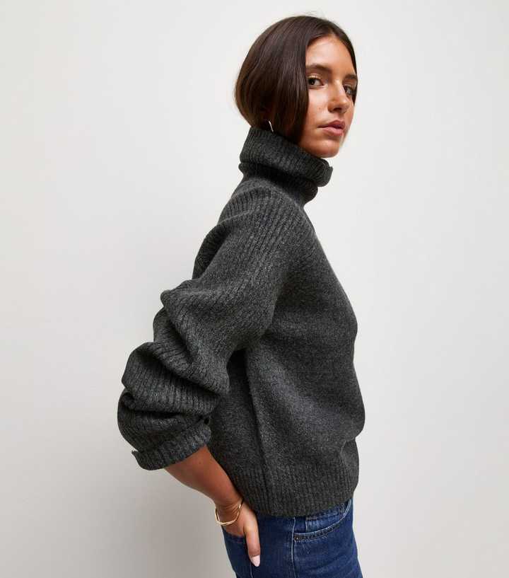 Dark Grey Ribbed Knit Raglan Sleeve Roll Neck Jumper