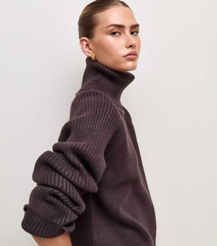 Dark Purple Ribbed Knit Raglan Sleeve Roll Neck Jumper