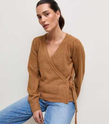 Stone Puff Sleeve Knitted Wrap Jumper