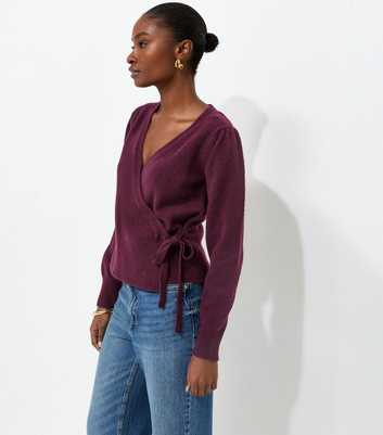 Dark Burgundy Puff Sleeve Knitted Wrap Jumper