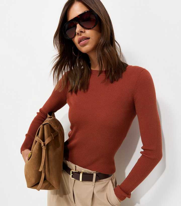 Rust Ribbed Lightweight Crew Neck Jumper