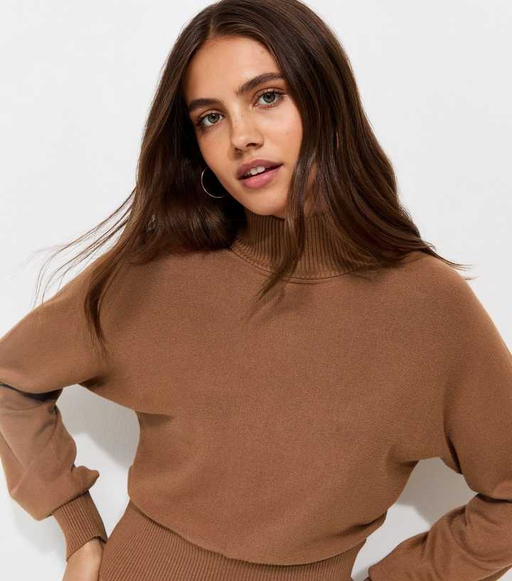 Stone High Neck Batwing Sleeve Knitted Jumper
