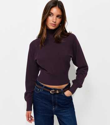 Dark Purple High Neck Batwing Sleeve Knitted Jumper