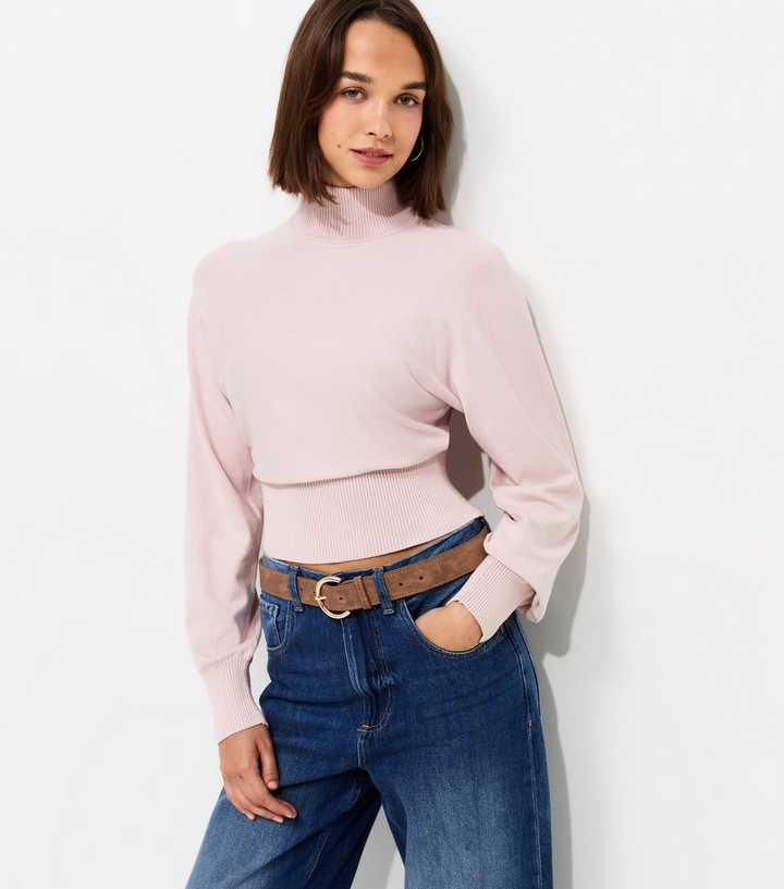 Light Pink High Neck Batwing Sleeve Knitted Jumper