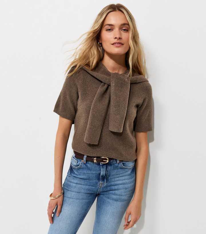 Dark Brown Brushed Knit Scarf Detail Short Sleeve Top