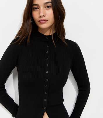 Black Ribbed Knit Button Front Split Hem Top