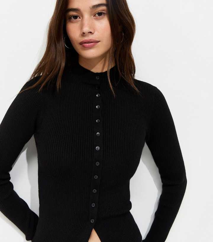 Black Ribbed Button Front High Neck Split Hem Top