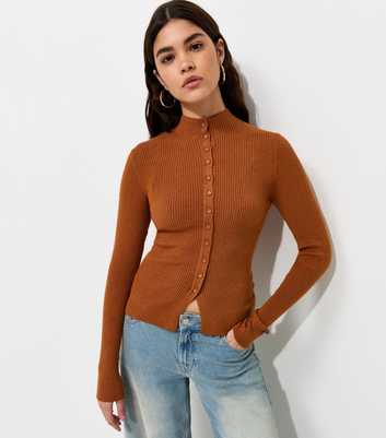 Rust Ribbed Knit Button Front Split Hem Top
