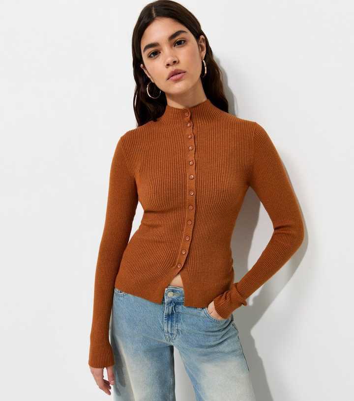 Rust Ribbed Knit Button Front Split Hem Top