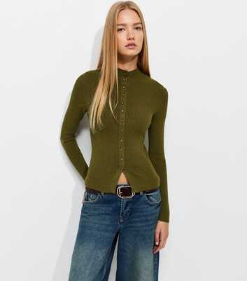 Light Khaki Ribbed Knit Button Front Split Hem Top