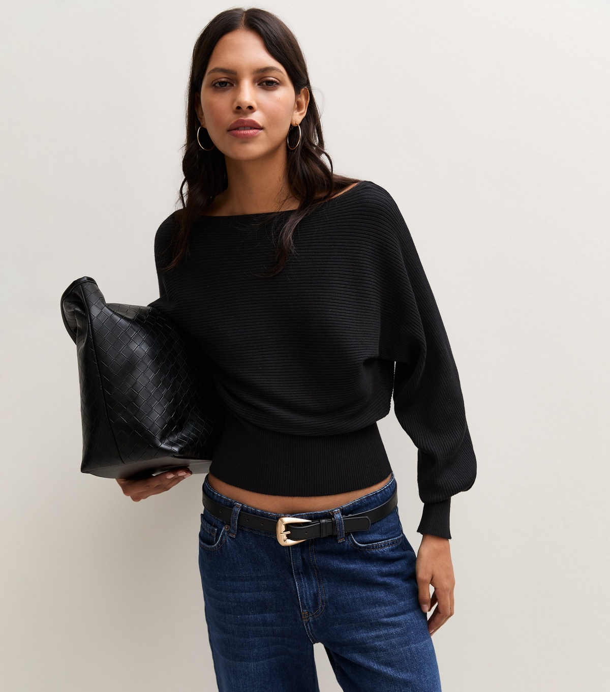 Women's Black Lightweight Ribbed Knit Slash Neck Batwing Jumper New Look