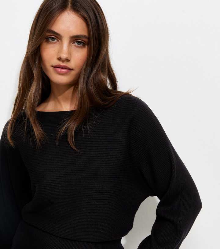 Black Lightweight Ribbed Knit Slash Neck Batwing Jumper