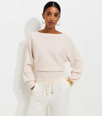 Cream Lightweight Ribbed Knit Slash Neck Batwing Jumper