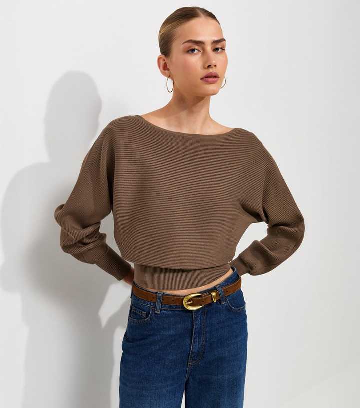 Dark Mink Lightweight Ribbed Boat Neck Batwing Sleeve Jumper