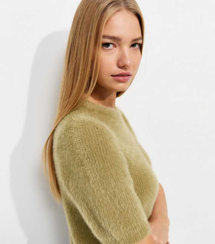 Green Fluffy Knit Short Sleeve Top