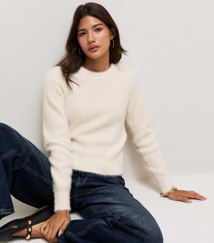 Off White Fluffy Ribbed Knit Jumper