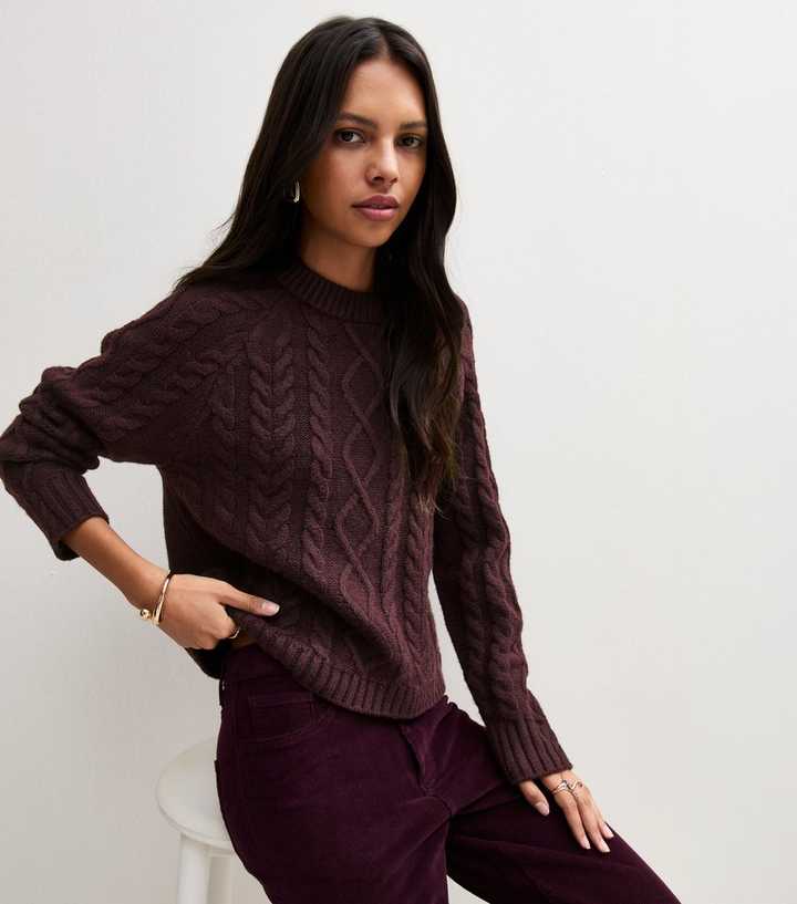 Dark Burgundy Cable Knit Raglan Sleeve Jumper