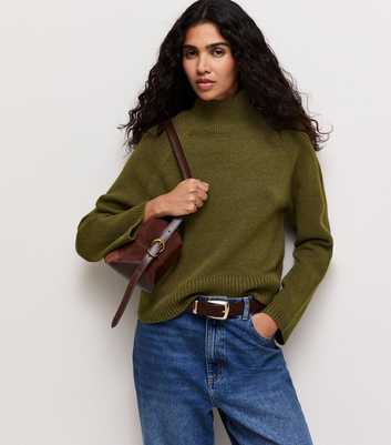 Dark Khaki Stand Neck Knitted Jumper