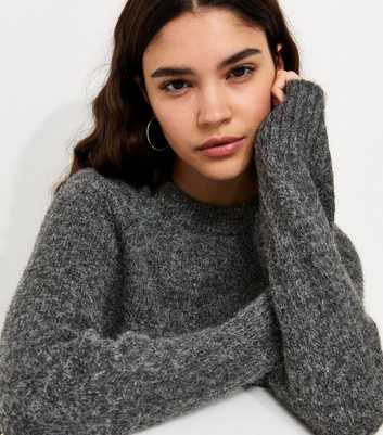 Dark Grey Knitted Raglan Sleeve Jumper with Wool