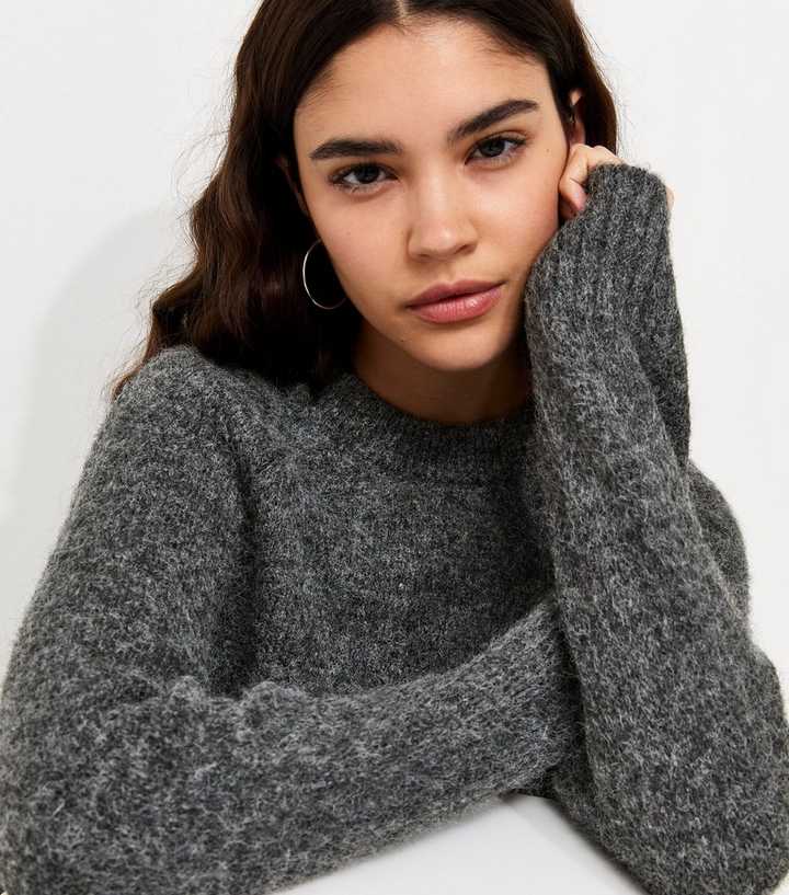 Dark Grey Knitted Raglan Sleeve Jumper with Wool