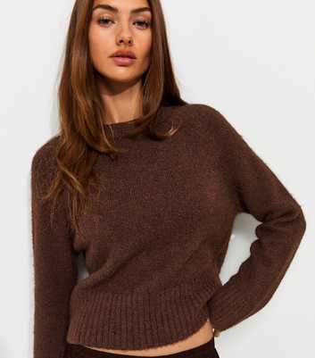 Dark Brown Knitted Raglan Sleeve Jumper with Wool