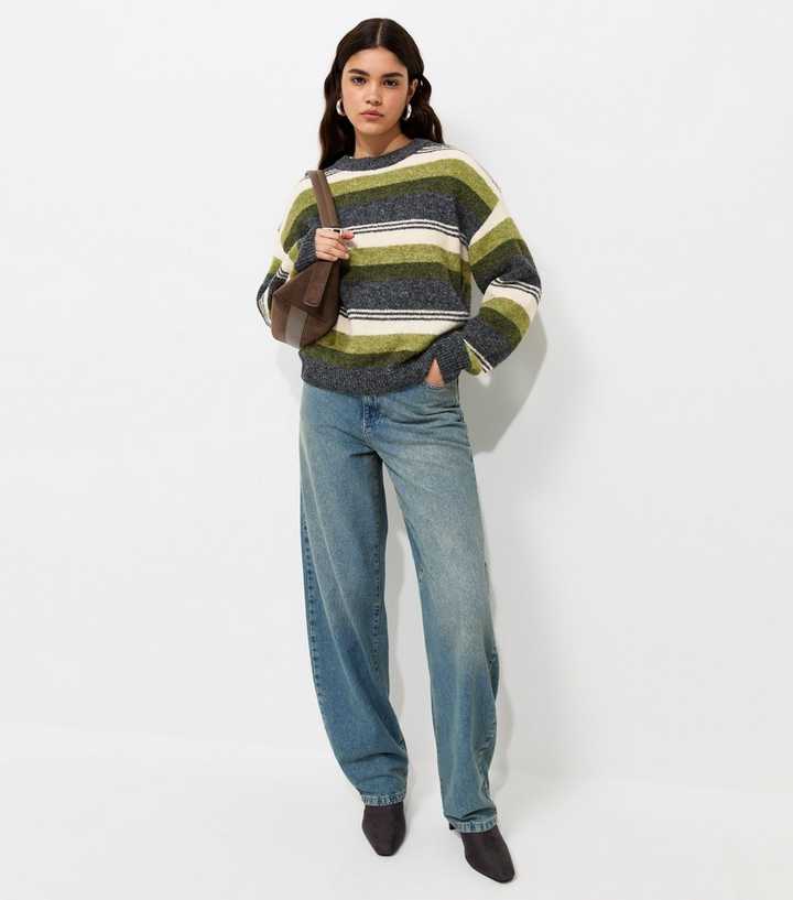 Green Striped Crew Neck Jumper with Wool