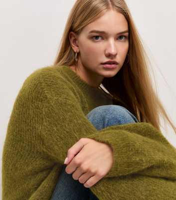 Green Crew Neck Ribbed Knit Jumper with Wool
