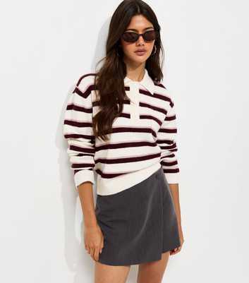 Cream Knitted Striped Patch Pocket Polo Jumper