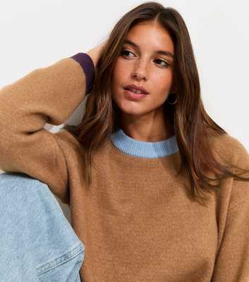 Brown Midweight Knit Colour Block Crew Neck Jumper