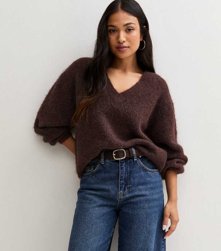 Petite Dark Brown Brushed Knit V Neck Jumper with Wool