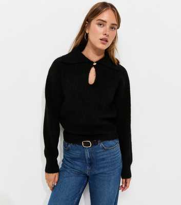 Black Keyhole Collar Button Polo Jumper with Wool