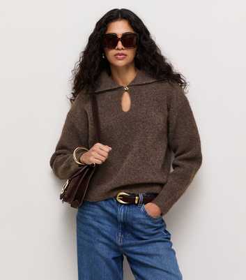 Dark Mink Keyhole Collar Button Polo Jumper with Wool