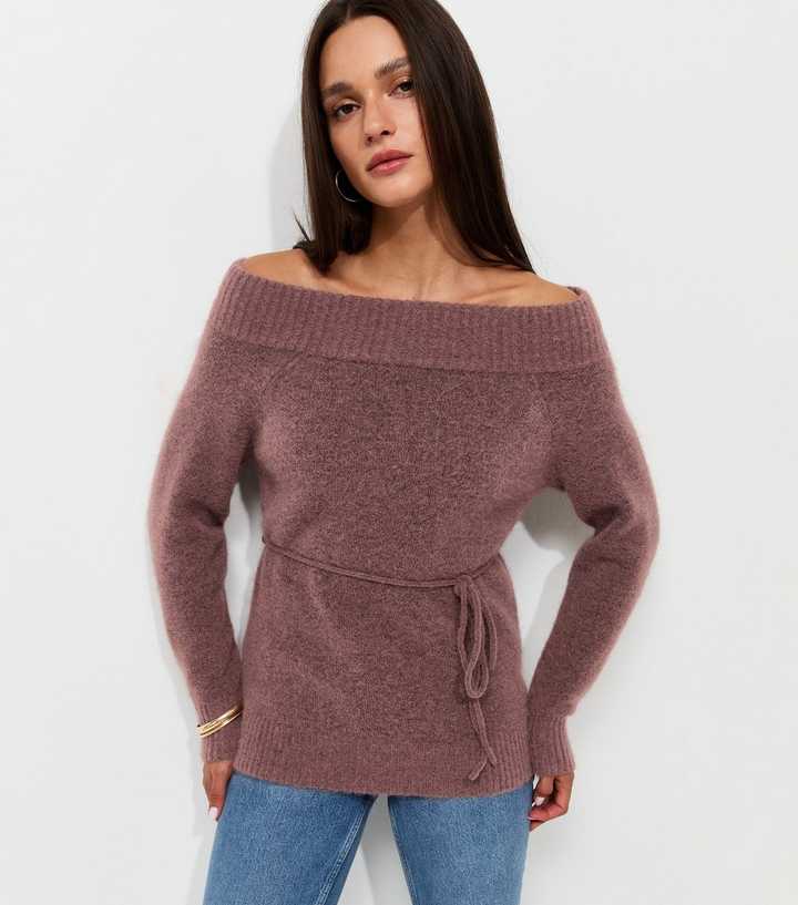 Dark Pink Knitted Bardot Top with Wool