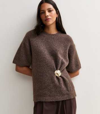 Mink Brushed Knit Brooch Short Sleeve Jumper with Wool