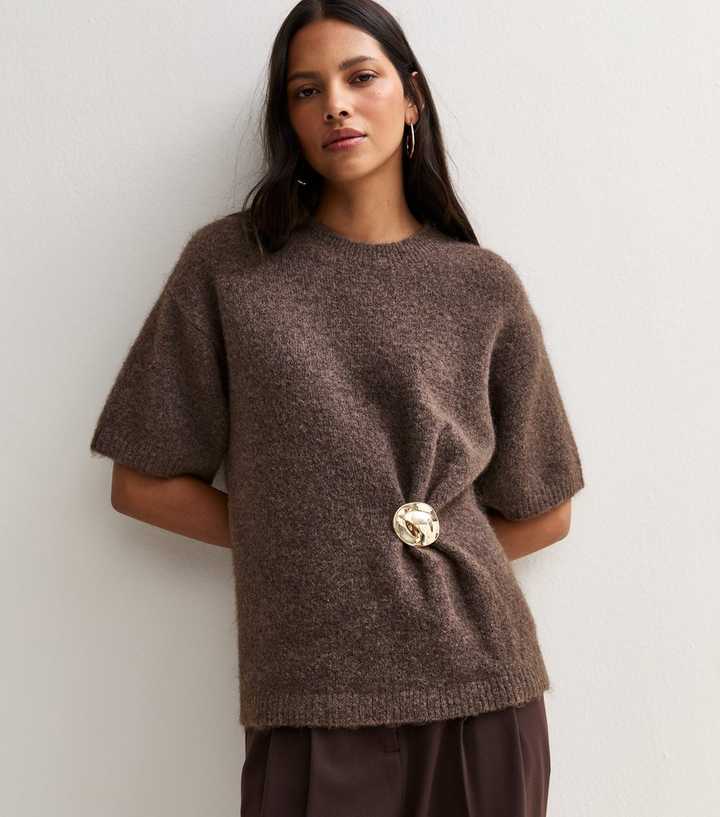 Mink Brushed Knit Brooch Short Sleeve Jumper with Wool