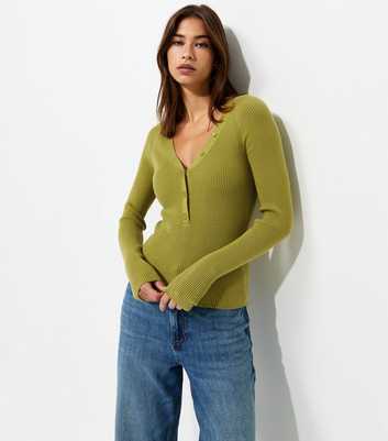 Green Ribbed Knit Lightweight Henley Top