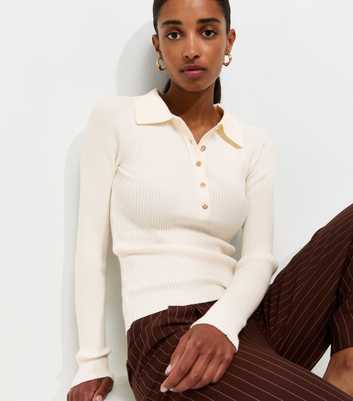 Cream Lightweight Ribbed Polo Top