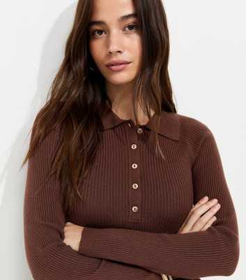 Dark Brown Lightweight Ribbed Polo Top