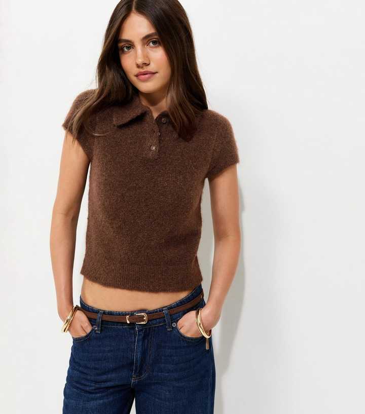 Dark Brown Brushed Knit Short Sleeve Polo Top