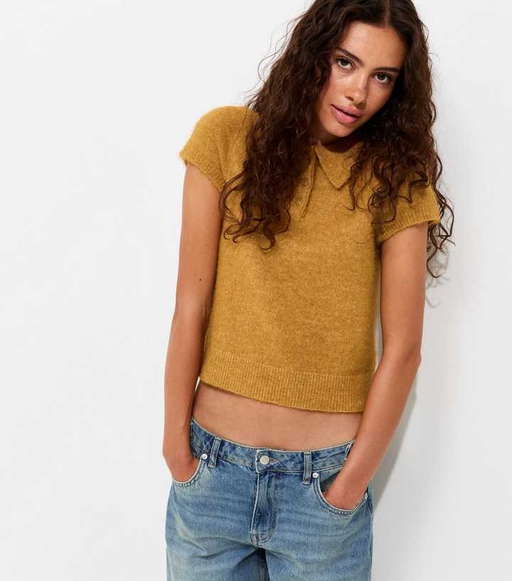 Dark Yellow Brushed Knit Short Sleeve Polo Top with Wool