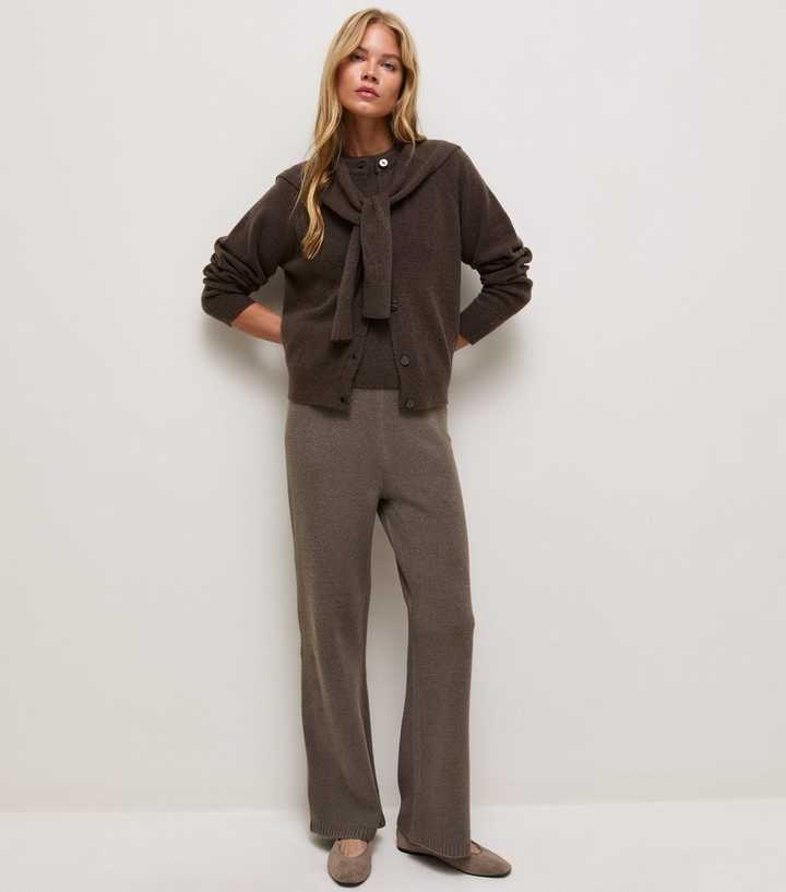 Dark Mink Midweight Knit Wide Leg Trousers